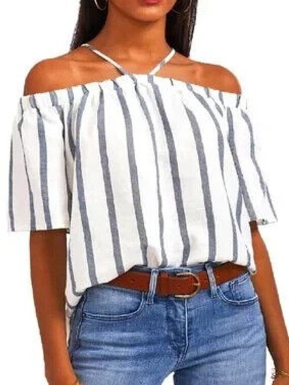Vince Camuto Striped Off-Shoulder Top in White and Navy - S